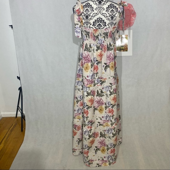 House of Harlow 1960 NWT Linen Blend Floral Adjustable Tie Maxi Dress Size Large - Picture 4 of 16